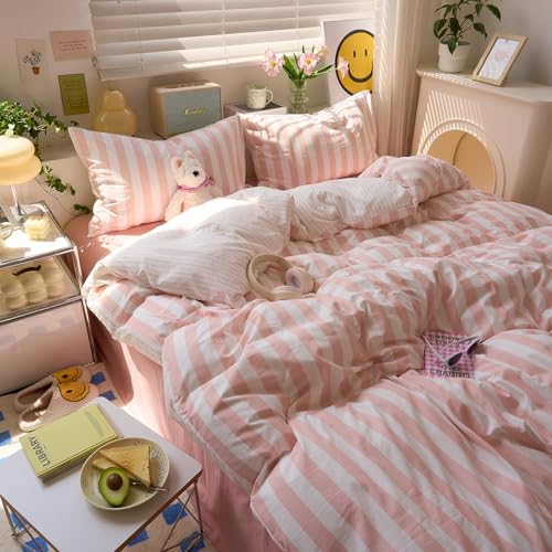 Image of EAVD Retro Pink Vertical Striped Duvet Cover Full Soft Washed Microfiber Boho Pink and White Striped Bedding Set with 2 Pillowcases Farmhouse Reversible Geometric Duvet Cover with Zipper Closure
