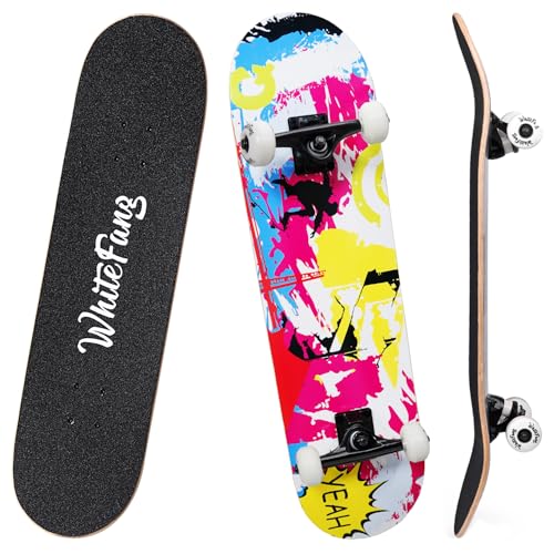 Image of WhiteFang Skateboards for Beginners, Complete Skateboard 31 x 7.88, 7 Layer Canadian Maple Double Kick Concave Standard and Tricks Skateboards for Kids and Beginners