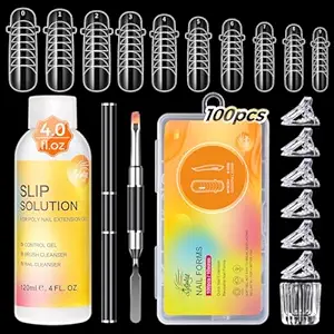 100Pcs Nail Forms Kit, 10 Sizes Reusable Dual nail Forms for Poly Gel & Builder Gel, 120ml Slip Solution Liquid, 6 Clips, Dual-Ended Brush, Nail Art Cup, DIY Pedicure Kit for Beginners