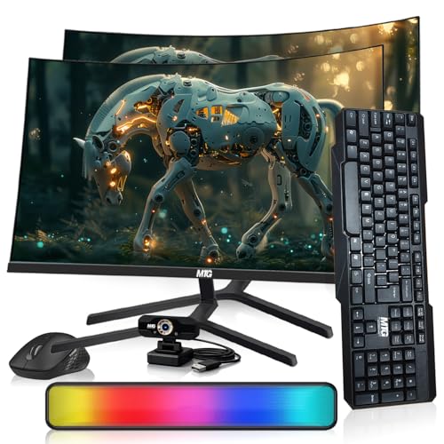Image of MTG Dual 27 inch Curved Monitor Full HD 1080P Frameless Screen, HDMI DP USB Audio, Low Motion Blur, VESA Mount, Webcam with Wireless Keyboard Mouse & Soundbar, Computer Monitor for Gaming, Home, Office