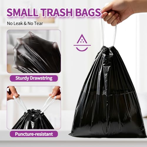Image of 100 Count Small Drawstring Trash Bags, 2.6 Gallon (10L) Pre-separated Garbage Bags, Extra Thick Leak-proof Mini Wastebasket Liners for Bathroom, Office, Bedroom (Black)