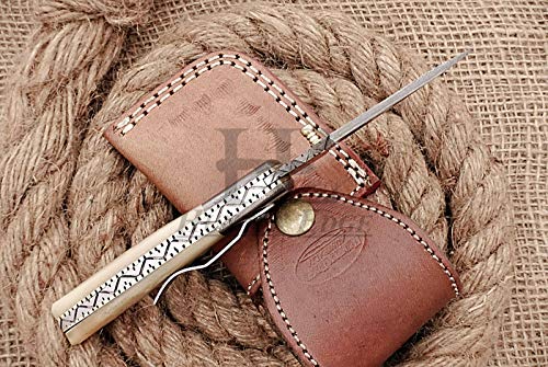 Huntex Custom Handmade Hand-Forged Twist Pattern Damascus Steel 3.7 Inch Long Natural Camel Bone Handle Razor Sharp Camp Hunting Folding Pocket Hunter's Knife With Pocket Clip & Genuine Leather Pouch #TOP2