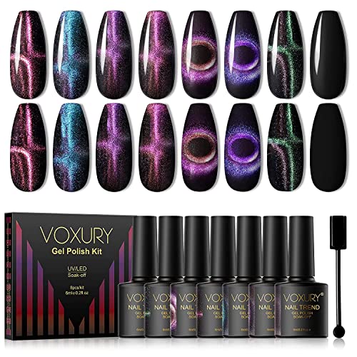 VOXURY Cat Eye Vernis Semi Permanent 8 Couleurs Magnétique Cateye Semi Permanent Pailleté Caméléon Vernis Semi Permanent avec 1 Vernis à Ongles Noir et 1 Aimant Cat Eye Vernis Nail Art Kit de Manucure Cover