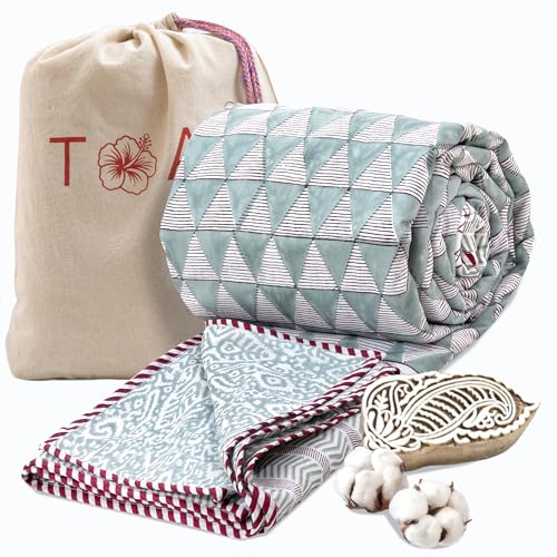 Image of TOAIArt Premium Jaipuri Dohar | AC Blanket Summer Quilt | Hand Block Printed | 3 Layers | Reversible | 150GSM 100% Mulmul Cotton | 100% Cotton Flannel Filling | King 108 inch X 90 inch |Geometric Triangles