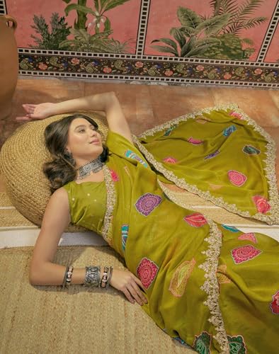 Image of SIRIL Women's Chiffon Scalloped Border Sequins Embroidery Saree with Unstitched Blouse Piece