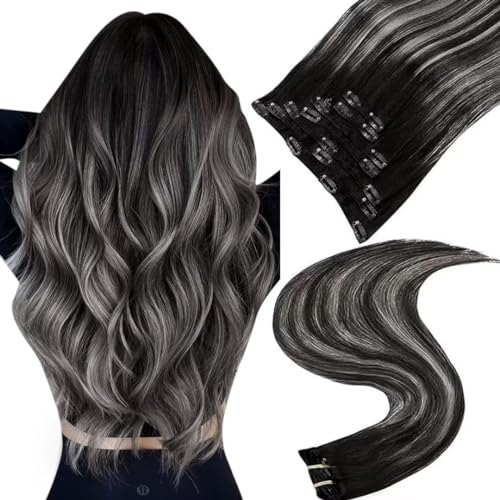 ReEasyouth Clip in Hair Extensions Black Hair Human Extensions Natural Hair Clip ins,Double Weft Hair Extensions Real Clip in Remy Hair 20 Inches 7Pcs 100g