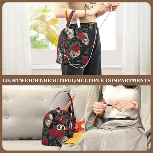 Image of ElliTarr Crochet Bag Yarn Bag with Handle Portable Knitting Project Bag Travel Yarn Storage Organizer Holder Case Mexico Skull Rose Flowers Red