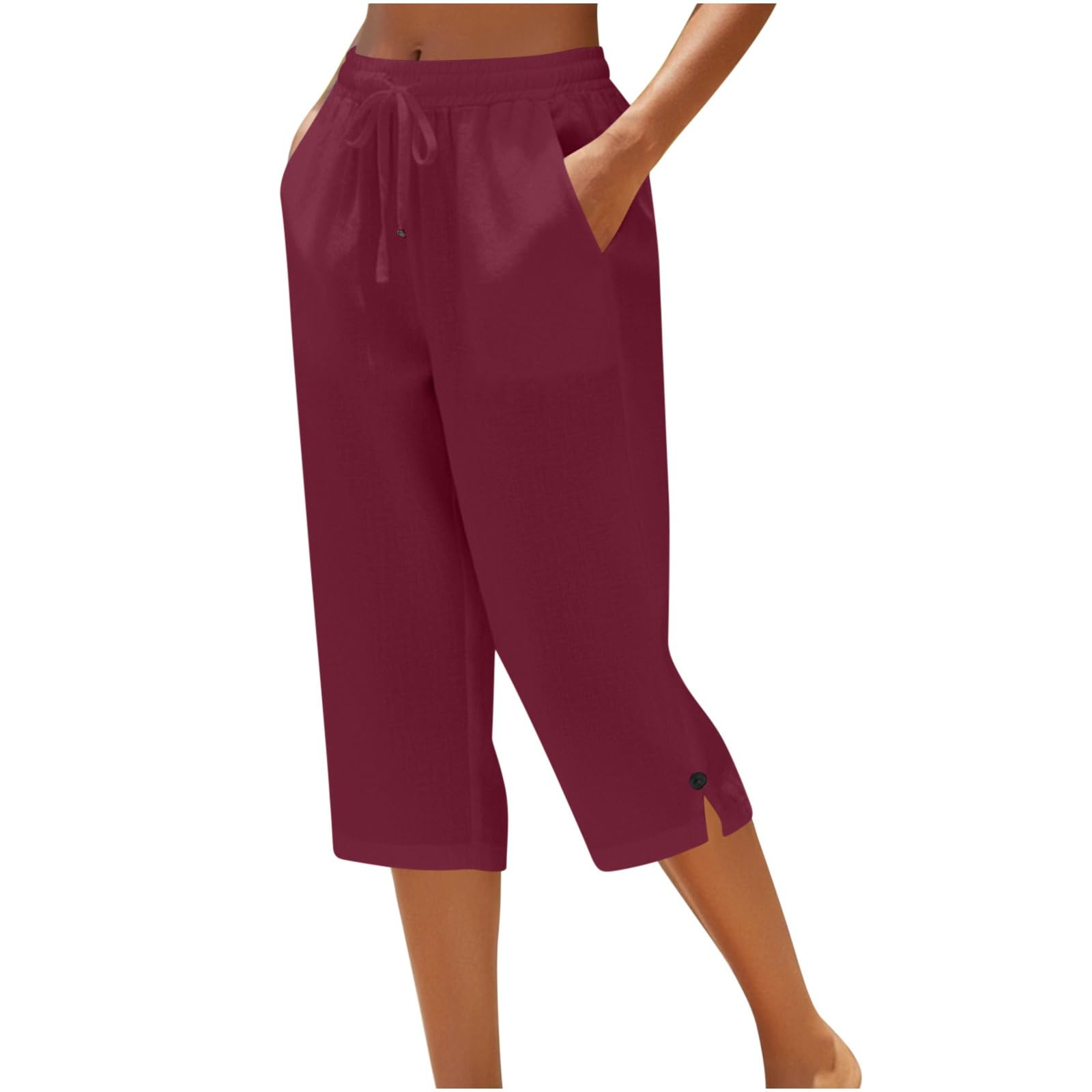 LRMQS Cotton Capri Pants for Women Loose Fit Straight Leg Drawstring Elastic Waist Cropped Pant Casual Summer Linen Clothes — view 14