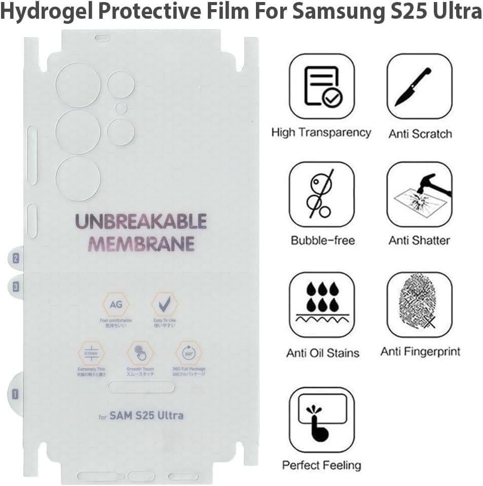 Image of Techsage Screen Protector Compatible with Samsung Galaxy S25 Ultra Unbreakable Matte Membrane, full back and side coverage, Easy Installation pack -1