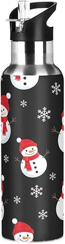 Cute Snowmen Black Stainless Steel Vacuum Insulated Water Bottle 20 Oz Leakproof Water Bottles, BPA-Free Sports Water Bottle with Straw