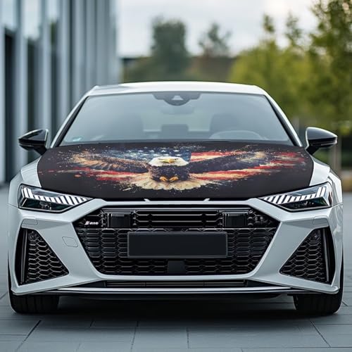 Image of USA Cute Eagle Print Car Hood Cover Polyester Elastic Fabrics Can be Washed Suitable for SUV Trucks Universal for Cars