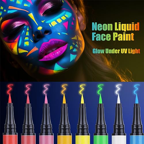 Jim&Gloria MULTICOLOR Water-Resistant Face Paint Pen Glow In The Dark Under Uv Light 8 Neon Rainbow Colors Smudge Proof Waterproof Body Painting Kit thumb #4
