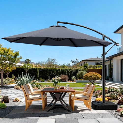 OLILAWN 10ft Patio Umbrella with Base Included, Outdoor Offset Cantilever Umbrella Upgraded Yarn-dyed Fabric Shade, Sturdy 8 Rids, Easy Tilt Adjustment, for Pool Deck Porch Backyard Garden,Light Grey