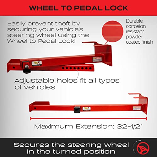 Equipment Lock Wheel to Pedal Lock - Powder Coated Steel Car Steering Wheel Lock - Heavy Equipment, Truck and Car Theft Prevention Device (Keyed Differently)