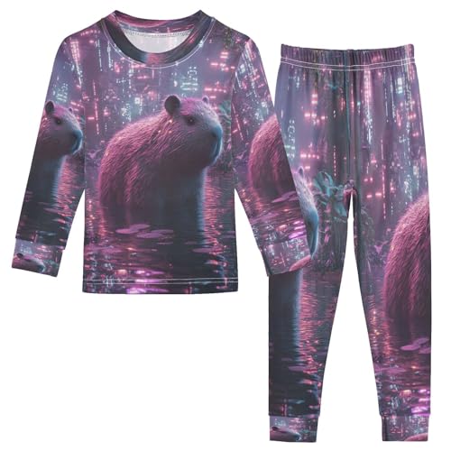 Pajama Sets Long Sleeve Cute Neon Capybaras Soft Comfy Sleepwear 2 Piece PJS 3-8T