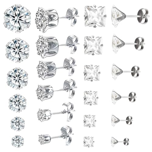 SWYZOR 12 Pares Pendientes Hombre, con Circonita Cúbica,Hipoalergénicos para Hombre y Mujer, de Acero de Titanio y Acero Quirúrgico, de 3 a 8 mm (Plata)