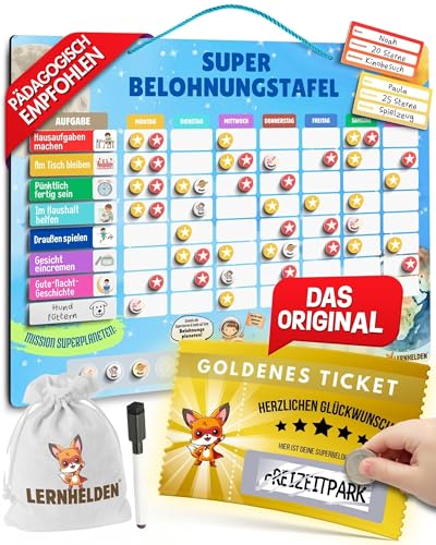 Lernhelden Belohnungstafel für Kinder - inkl. Goldene Tickets Belohnungssystem Kinder Wochenplaner magnetisch Family Plan Autismus Hilfsmittel Routine Planer