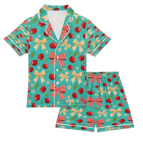 Satin Pajama Sets Short Sleeve Cherry Bow Pattern on Turquoise Button Down Silky Nightwear 2 Piece PJS 5-14Y