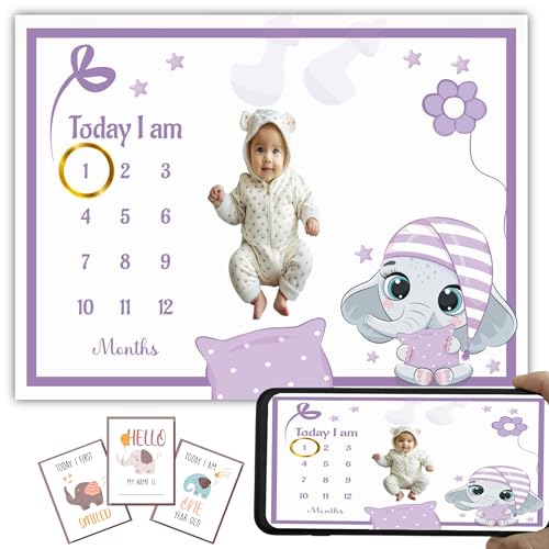 Image of Baby Monthly Milestone Blanket | 1-12 Months | Soft All-Season AC Blanket | Ideal for Newborn Boys & Girls | Perfect Growth Tracker & Photoshoot Prop with Dreamy Elephant | 120x90 cm