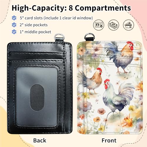 BVDIKMI Slim Wallet for Women, Small Wristlet Keychain Wallet, Front Pocket RFID Blocking PU Leather Wallet Credit Card Holder for Men, Watercolor Chicken2