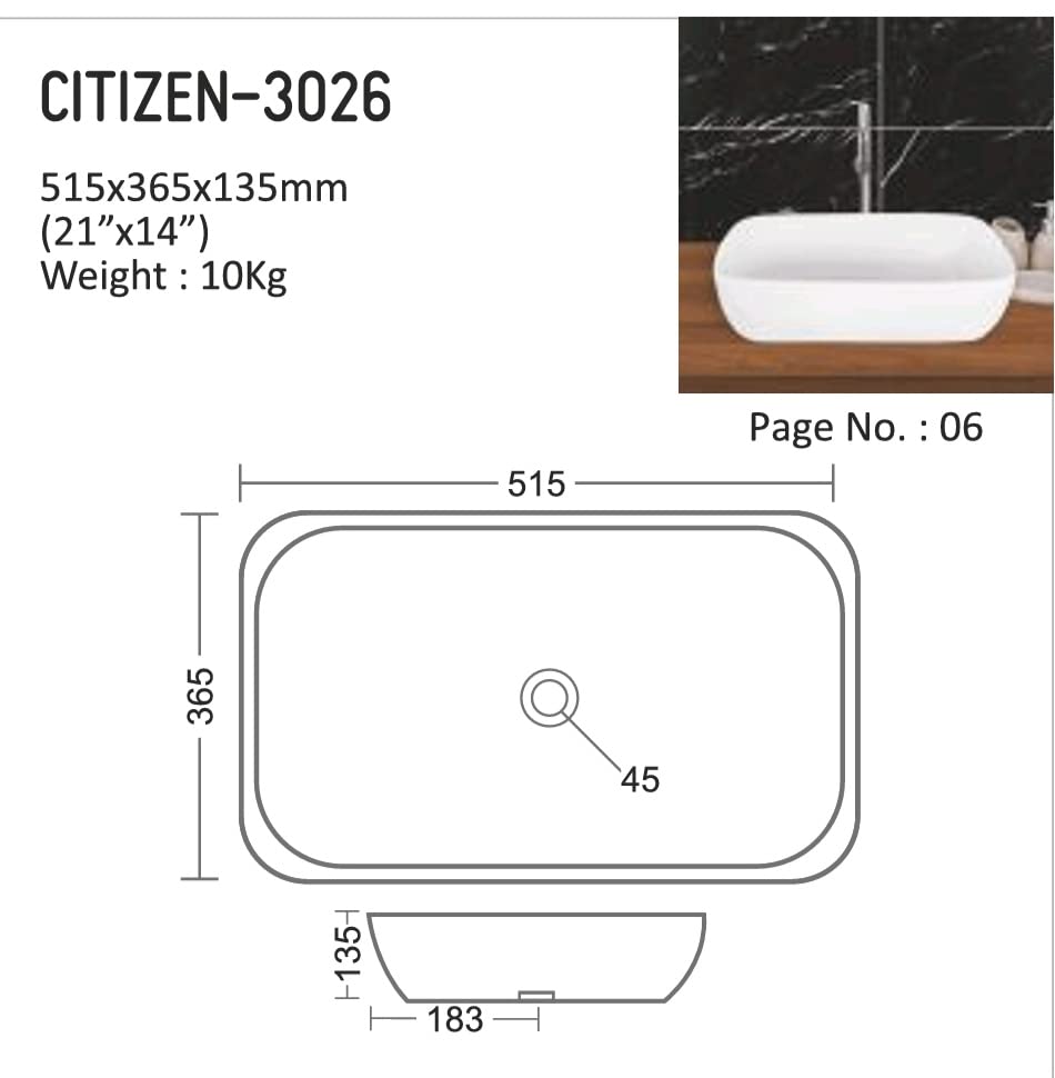 CURA sanitary Table Top Premium Wash Basin With Tap Hole Premium