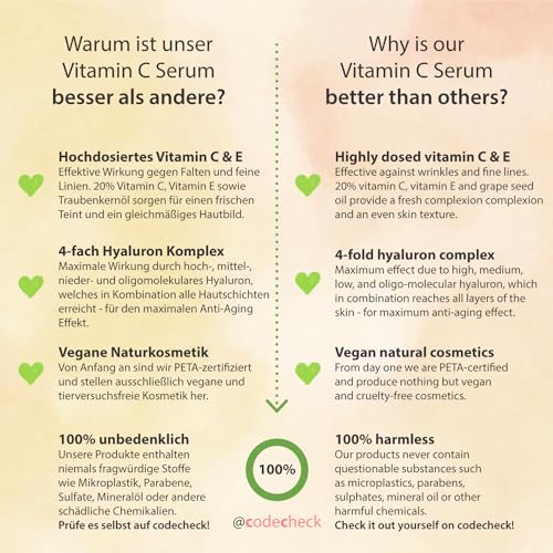 Vitamin C Serum BIO mit Hyaluronsäure 50ml, vegan - Anti-Aging Gel mit pflegendem Traubenkernöl und Aloe Vera gegen Falten für Gesicht & Dekollete
