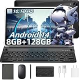 Headwolf 2025 Android 14 Tablet with Keyboard, Octa Core FHD 1920 * 1200 Display, 8GB RAM + 128GB ROM, 2 in 1 10 inch Tablet with Case, Mouse, Stylus, 5G WiFi, Widevine L1 Support