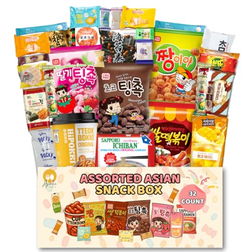 Asiatic Dishes Japanese and Korean Snack Box – 32 Count Variety Pack with Ramen, Drink, Cookies, Chips, Crackers, Coffee Mix – Snacks from Korea, Japan, China, Vietnam – Gift or Care Package for All Ages