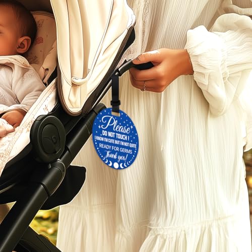Image of 2 Pack Blue Moon and Star No Touching Signs Stop No Touching Safety Sign for Family PVC Seat Signs-Stroller Tag with Hanging Strap and Clip for Car Accessories 5 Inches