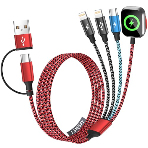 Image of Travel Essentials 4in2 Multi Charging Cable for iPhone Watch Charger,USB A /C to Dual IP /Type C /iWatch Charger,Travel Chargers for Multiple Device Compatible with iWatch Series&iPhone 17-12 /Android 5FT