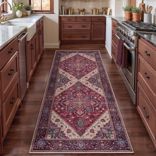 Image of 2x6 Washable Runner Rug for Hallways, Vintage Non Slip Rug Runners Burgundy