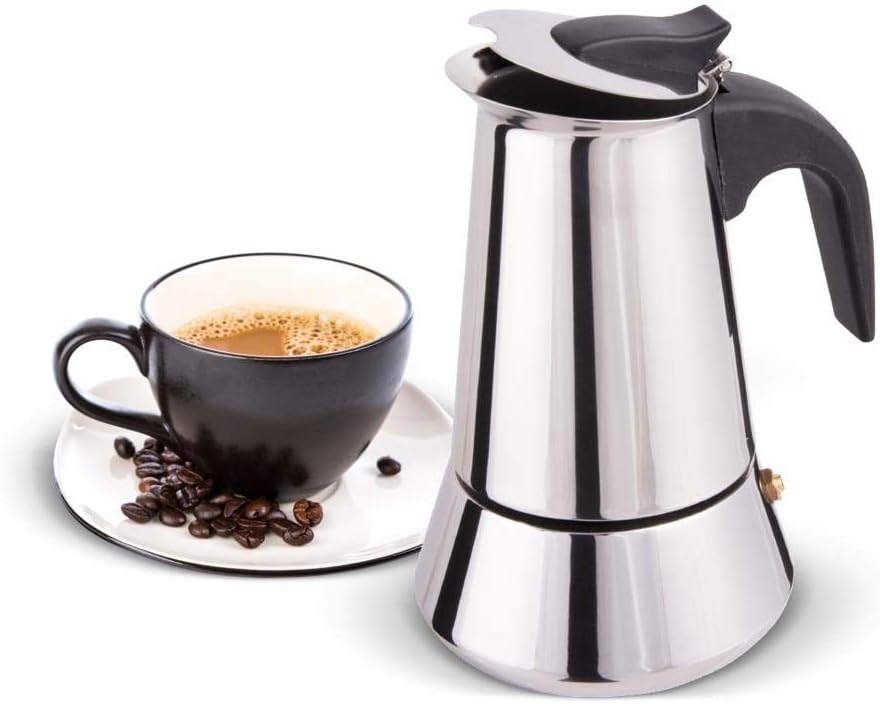 Bigg coffee Stovetop Espresso Maker, Moka Pot, Italian Coffee Maker, Coffee Percolator, Stainless Steel Moca Pots, 4 Cups Coffee Maker 6.76 oz/200Ml (Silver, Black)