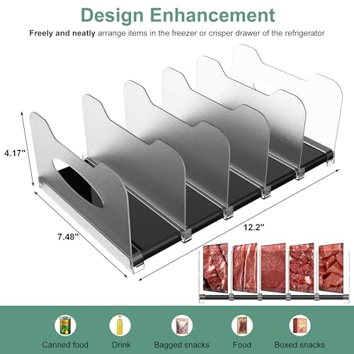 SURETIVIAN Freezer Organizer 12” Visible Fridge Organizer Rack with Removable Dividers and Handles, Freely Adjustable, Fits Refrigerator Frozen Meals, Lunch Meat Box, Cheeses (Black) - Thumbnail 3