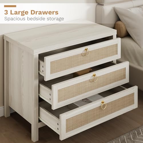 Image of Eclatara Large Rattan Night Stand Set of 2: Boho Nightstand with 3 Drawers, White Storage Bedside Table End Table Side Table for Bedroom(Cream White Oak,2 Pieces)