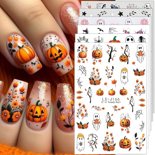 Halloween Nail Art Stickers Decals 3D Pumpkin Ghost Nail Decals 6PCS Skull Ghost Virus Leaf Bat Halloween Nails Design 3D Self-Adhesive Nail Art Supplies Manicure Sticker for Women Holiday Decoration