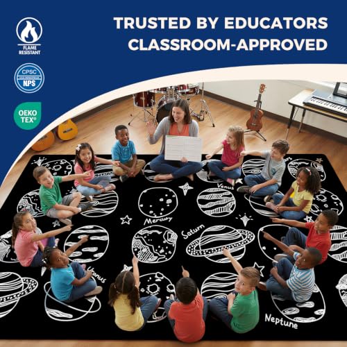Image of Booooom Jackson Large Classroom Rug for 24 Students - Abstract Planet Black & White Space Theme Carpet, 7'6 inchx13'1 inch Fade-Resistant Nylon Seating Rug for Preschool, Kindergarten, Elementary