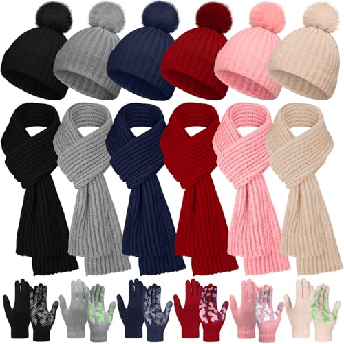 JaGely 18 Pcs Kids Winter Hat Gloves Scarf Set Warm Kids Knit Beanie with Pom Gloves for Boys and Girls Scarf Toddler Gift(Cute)