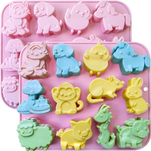 2-Pack Animal Chocolate Molds - Cute 3D 12 Chinese Zodiac Silicone Silicone Candy Chocolate Molds Tiger Rabbit Dragon Snake Shapes Baking Molds for Candy Candle Resin Fondant Ice Cube DIY Crafts