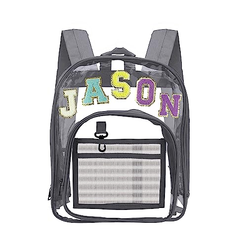 Personalized Clear Backpack with Name Letter Patch Backpack Custom Transparent Backpack Heavy Duty Clear Backpack