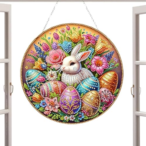 Colgante de pared de arte con piedras preciosas, juego de arte de conejito, huevo acrílico, colgante de pintura de piedras preciosas para colgar | Artesanía, decoración de pared de doble cara para