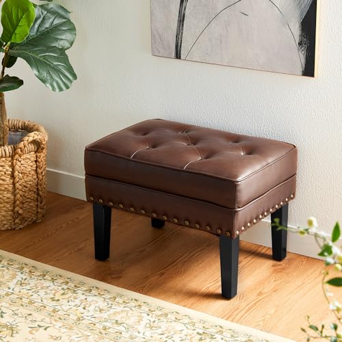 Glitzhome Faux Leather Foot Stool, Mid Century Modern Foot Stools Ottoman, Vintage Ottoman Tufted Square Vanity Seat, Coffee