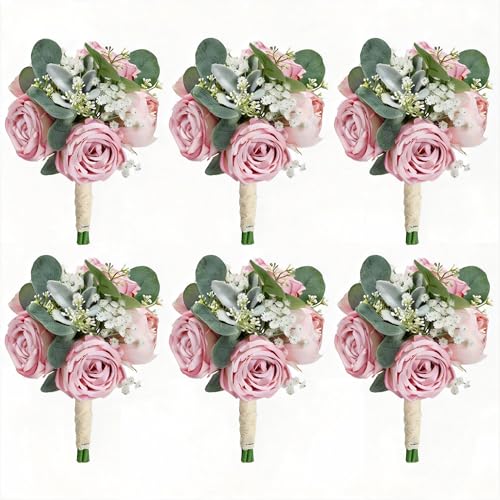 DIYDOFUN Set of 6 Dusty Pink Peonies & Rose Bridesmaid Bouquets for Wedding Marriage Proposal Bridal Shower Decorations