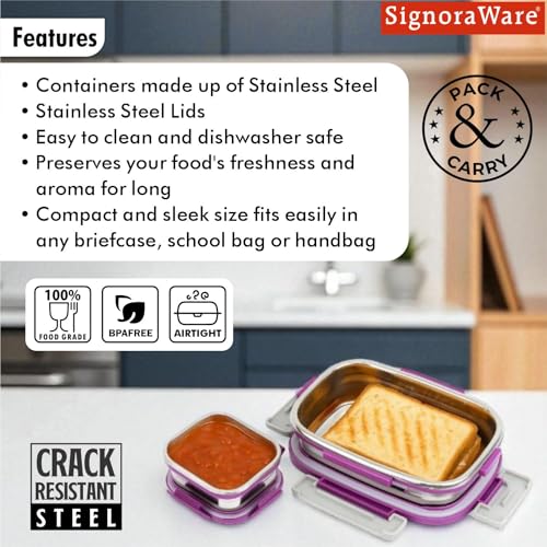 Image of SignoraWare Quickmeal Stainless Steel Small Lunch Box | Airtight & Leakproof | Portion Control | Easy to Carry | Ideal for Office, School, Kids & Travel (650ml + 130ml | Emagenta)