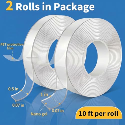 Image of Double Sided Adhesive Tape, Heavy Duty (2 Rolls, Total 6 Meters), Strong Adhesive Mounting Tape, Removable Two Sided Wall Tape Clear Poster Tape for Home, Office, Car, Outdoor, Damage Free