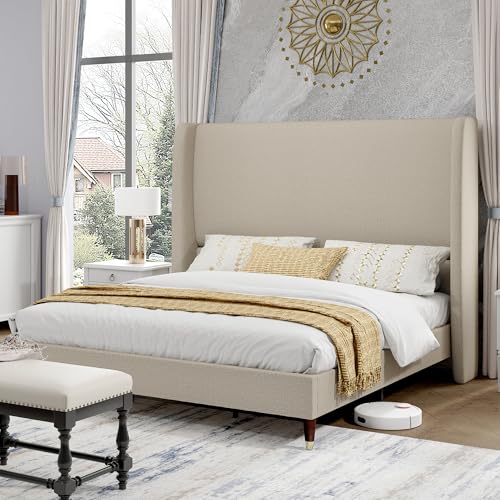 PaPaJet King Size Bed Frame with 51.2' Wingback Headboard, Soft Linen Upholstered Platform Bed, Solid Wood Legs, No Box Spring Needed, Sturdy & Noise-Free, Easy Assembly, Light Khaki