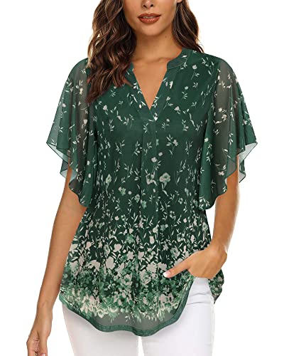Image of Timeson Women's Short Sleeve V Neck Blouses Shirts Floral Double Layers Mesh Tunics Tops