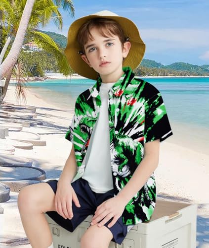 Image of uideazone Size 7-8 Tie Dye Shirts for Boys Funny Dinosaur Printed Button Up Shirt Hawaiian Luau Short Sleeve Casual Blouse Tops for Holiday Beach Party