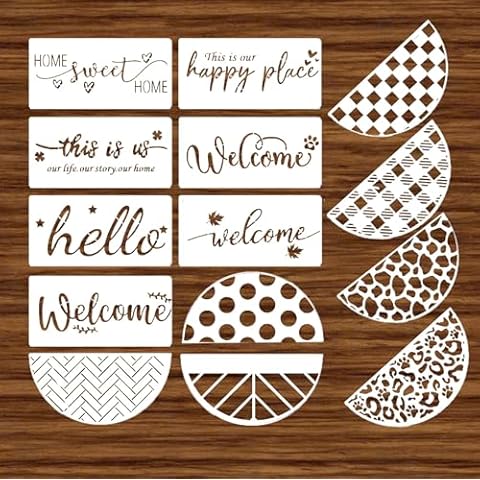 Welcome Stencils for Painting on Wood Half Round Stencils for Wood Sign Hello Half Circle Stencils for Crafts Reusable (14Pcs) Cover