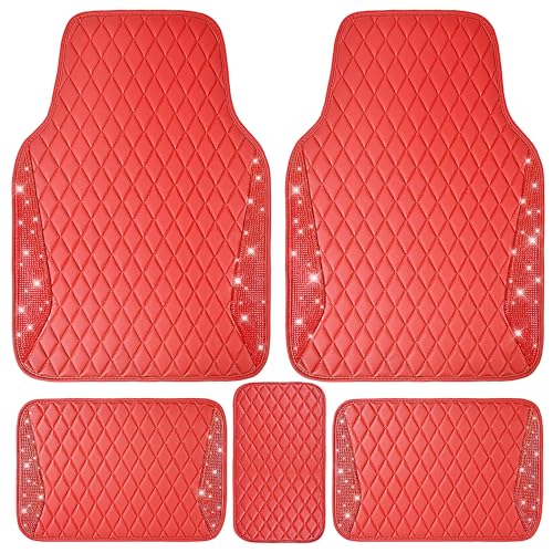 CAR PASS Bling Leather Car Mats Shining Diamond Floor Mats Crystal Rhinestones Sparkly Glitter Carpet Anti-Slip Waterproof Pad Universal Fit for Automotive SUV Sedan Van 5pcs for Girl Women Red