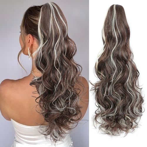 Image of 24 inch Ponytail Extension, Long Curly Wavy Claw Clip and Natural-Looking Synthetic Hairpiece, Voluminous Hair Extensions for Women Daily Wear. (Chestnut Brown With beige blonde Highlights, 24Inch)